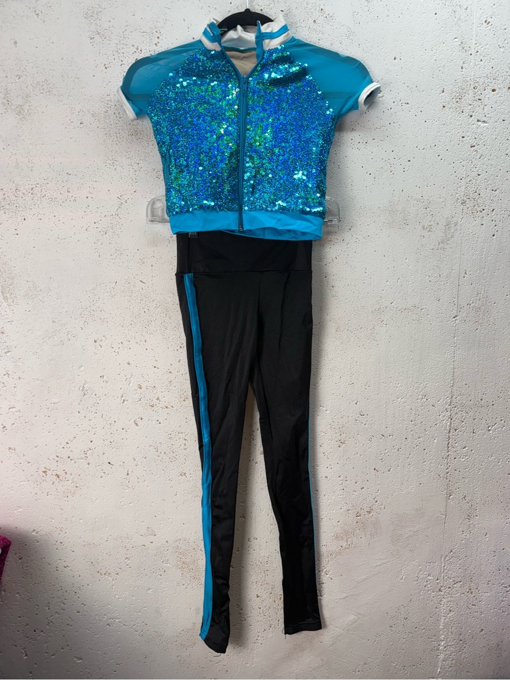 Weissman Dance Costume Set Blue Sequin Crop Top & Black High-Waist Leggings NEW